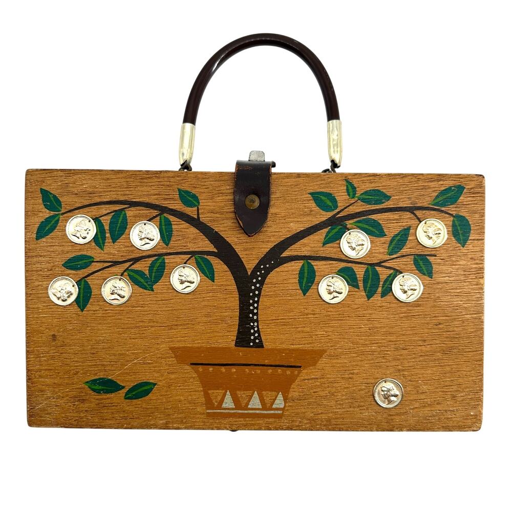 Vintage Gary Gail Dallas Money Tree Wood Box Purse Coins Mirror Japan 1960s